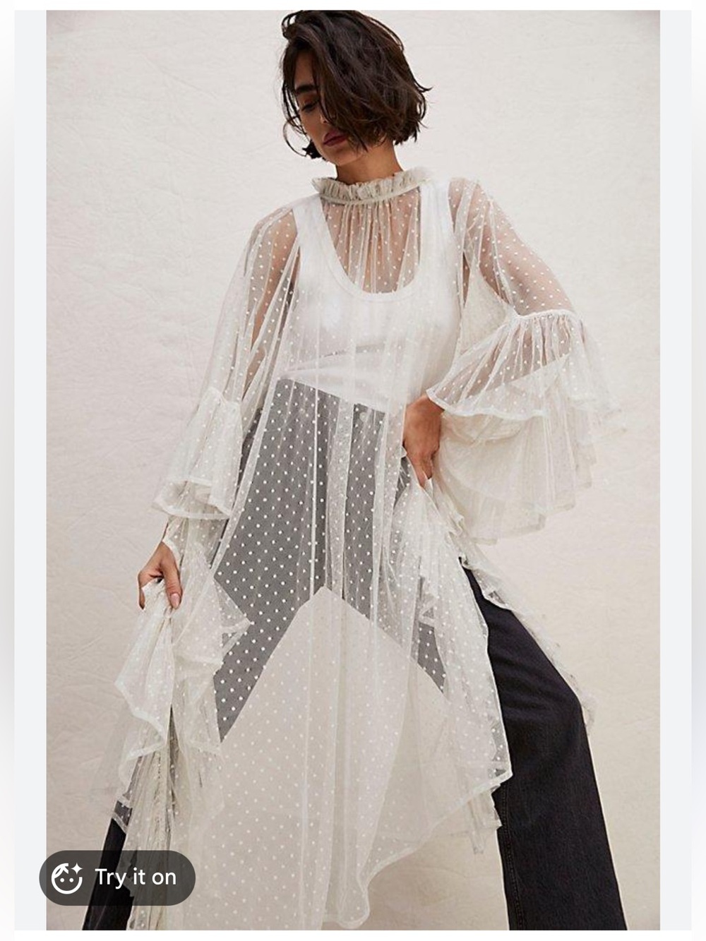 Free People Swiss Dot Ruffle Kaftan Sheer Coverup Dress OS